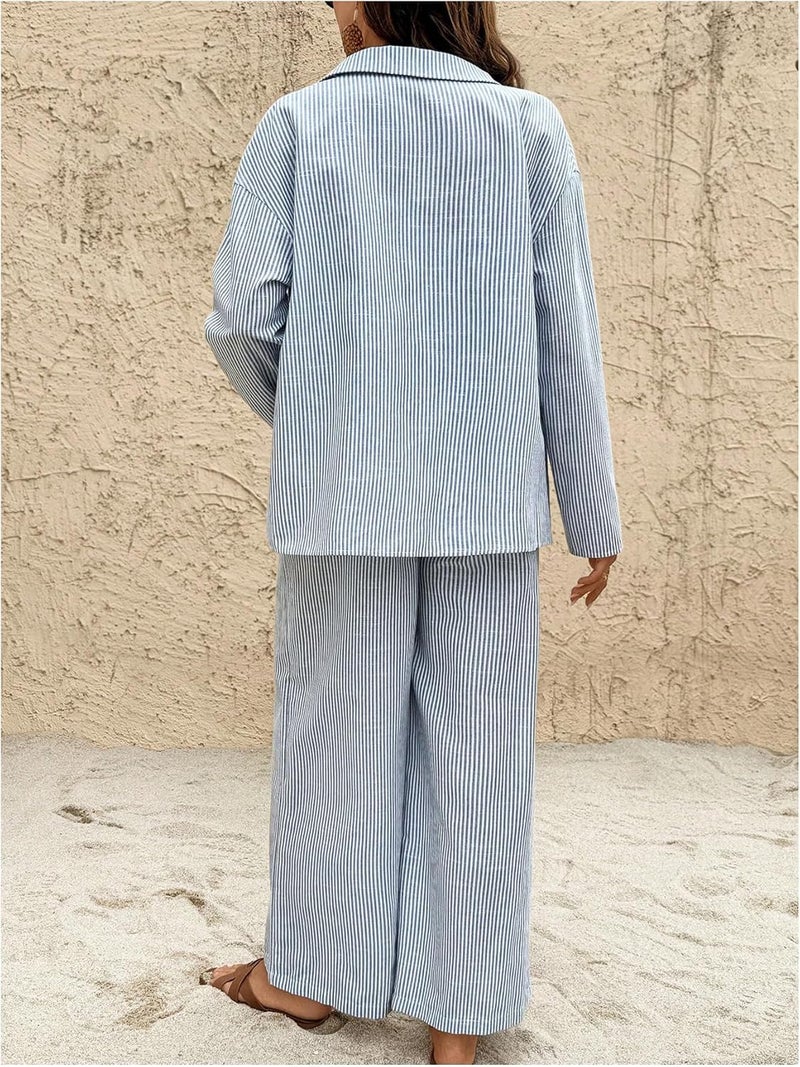 MakeMeChic Women's Maternity Clothes 2 Piece Fall Outfits Striped Button Down Shirt and Pants Pregnancy Sets - Image 2